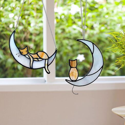 2 Pack Orange Tabby Cat Decor Cat Memorial Gifts Cat Suncatcher for Window Hanging Cat Gifts for Cat Lovers for Women Cat Remembrance Gifts Loss of Cat Sympathy Gift Cat on Moon Decor in Saudi Arabia