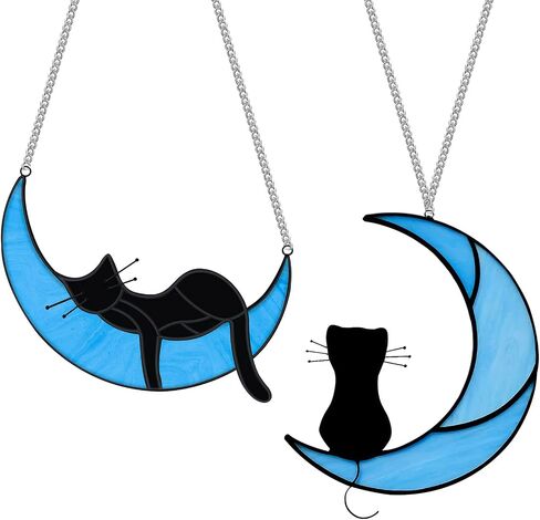 2 Pack Orange Tabby Cat Decor Cat Memorial Gifts Cat Suncatcher for Window Hanging Cat Gifts for Cat Lovers for Women Cat Remembrance Gifts Loss of Cat Sympathy Gift Cat on Moon Decor in Saudi Arabia