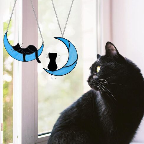2 Pack Orange Tabby Cat Decor Cat Memorial Gifts Cat Suncatcher for Window Hanging Cat Gifts for Cat Lovers for Women Cat Remembrance Gifts Loss of Cat Sympathy Gift Cat on Moon Decor in Saudi Arabia