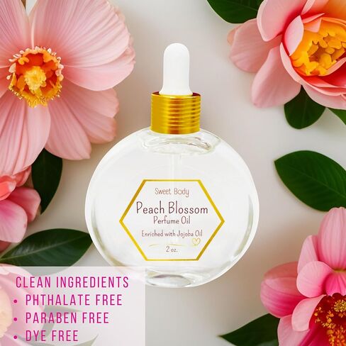 زيت الجسم العطري PEACH BLOSSOM الغني بزيت الجوجوبا | رائحة تدوم طويلاً، مزيج من الزيوت العطرية من الفواكه والزهور اللذيذة | زجاجة قطارة زجاجية 2 أوقية. in Kuwait