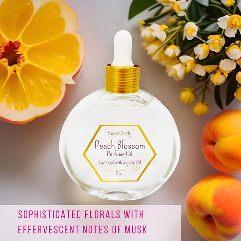 زيت الجسم العطري PEACH BLOSSOM الغني بزيت الجوجوبا | رائحة تدوم طويلاً، مزيج من الزيوت العطرية من الفواكه والزهور اللذيذة | زجاجة قطارة زجاجية 2 أوقية. in Kuwait