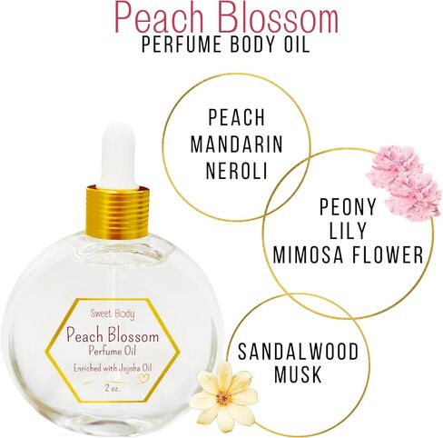 زيت الجسم العطري PEACH BLOSSOM الغني بزيت الجوجوبا | رائحة تدوم طويلاً، مزيج من الزيوت العطرية من الفواكه والزهور اللذيذة | زجاجة قطارة زجاجية 2 أوقية. in Kuwait