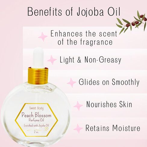 زيت الجسم العطري PEACH BLOSSOM الغني بزيت الجوجوبا | رائحة تدوم طويلاً، مزيج من الزيوت العطرية من الفواكه والزهور اللذيذة | زجاجة قطارة زجاجية 2 أوقية. in Kuwait