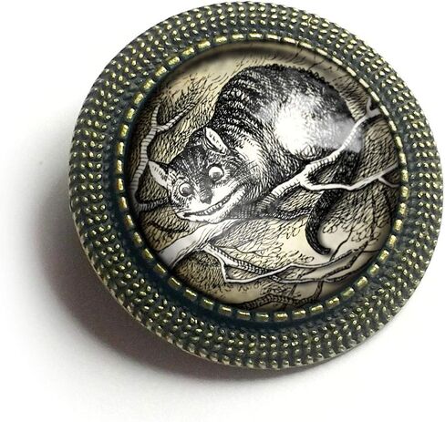Alice In Wonderland Cheshire Cat Reverse Decoupage Glass And Brass Brooch in Saudi Arabia