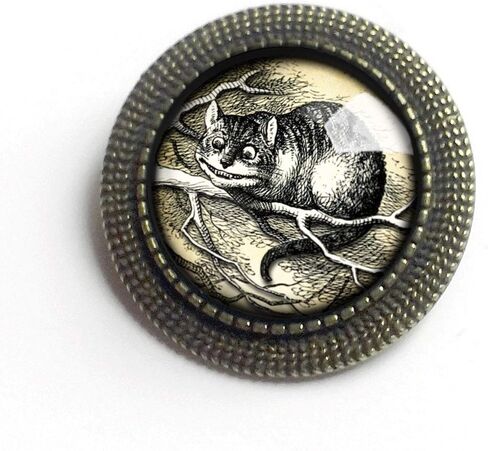 Alice In Wonderland Cheshire Cat Reverse Decoupage Glass And Brass Brooch in Saudi Arabia