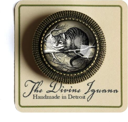 Alice In Wonderland Cheshire Cat Reverse Decoupage Glass And Brass Brooch in Saudi Arabia