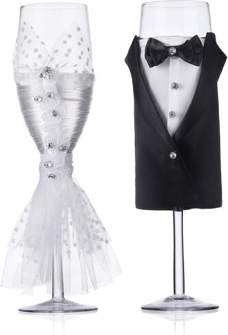 Wedding Tuxedo Dress Wine Glasses Handmade Bride and Groom Champagne Flutes for Toasting,Wedding Gifts,Bridal Shower Gifts,Wedding Favors,Couples Gifts,Wedding Decorations(set of 2) in Saudi Arabia