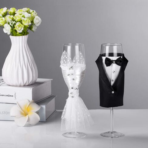 Wedding Tuxedo Dress Wine Glasses Handmade Bride and Groom Champagne Flutes for Toasting,Wedding Gifts,Bridal Shower Gifts,Wedding Favors,Couples Gifts,Wedding Decorations(set of 2) in Saudi Arabia