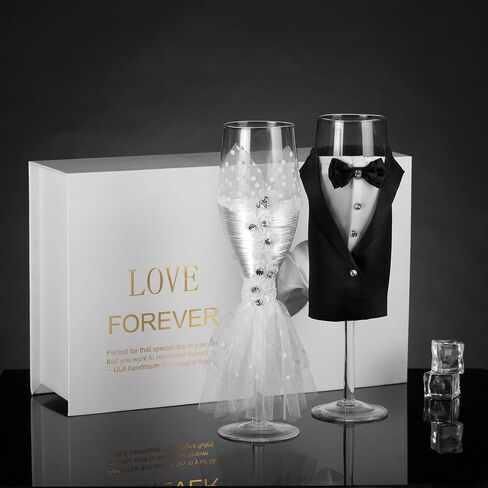 Wedding Tuxedo Dress Wine Glasses Handmade Bride and Groom Champagne Flutes for Toasting,Wedding Gifts,Bridal Shower Gifts,Wedding Favors,Couples Gifts,Wedding Decorations(set of 2) in Saudi Arabia
