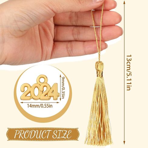 Cindeer 100 Pcs Mini Graduation Tassels with 100 Pcs 2024 Tassel Charms for Crafts Mini Silky Bookmark Tassels for Graduation Cap Keychain Ornaments DIY Craft Jewelry Making Project(Gold) in Saudi Arabia