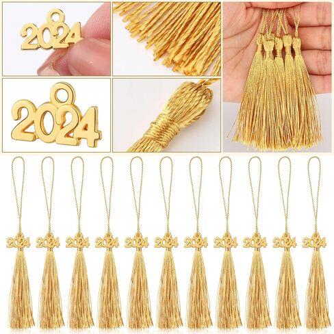 Cindeer 100 Pcs Mini Graduation Tassels with 100 Pcs 2024 Tassel Charms for Crafts Mini Silky Bookmark Tassels for Graduation Cap Keychain Ornaments DIY Craft Jewelry Making Project(Gold) in Saudi Arabia