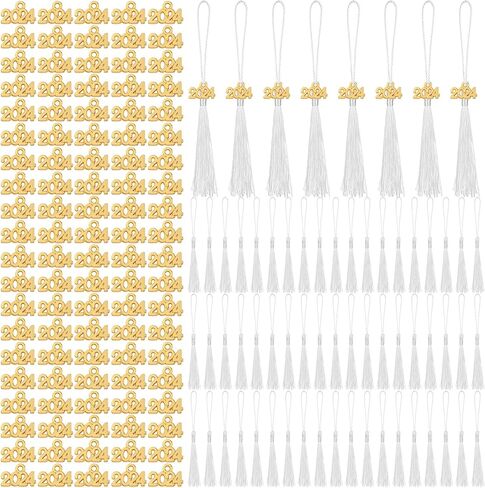 Cindeer 100 Pcs Mini Graduation Tassels with 100 Pcs 2024 Tassel Charms for Crafts Mini Silky Bookmark Tassels for Graduation Cap Keychain Ornaments DIY Craft Jewelry Making Project(Gold) in Saudi Arabia
