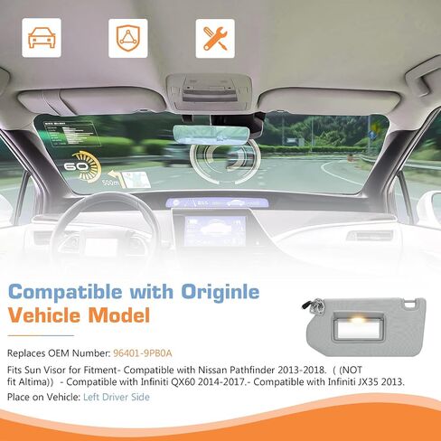 Gray Left Driver Side Sun Visor with Light for 2013-2018 Nissan Pathfinder / 2014-2017 Infiniti QX60 / 2013 Infiniti JX35, Replacement 96401-9PB0A Visor Assembly in Saudi Arabia