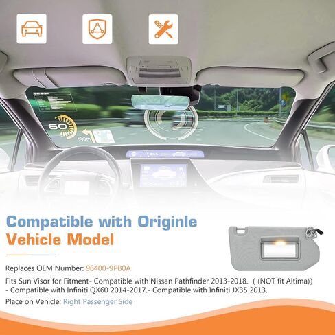 Gray Left Driver Side Sun Visor with Light for 2013-2018 Nissan Pathfinder / 2014-2017 Infiniti QX60 / 2013 Infiniti JX35, Replacement 96401-9PB0A Visor Assembly in Saudi Arabia