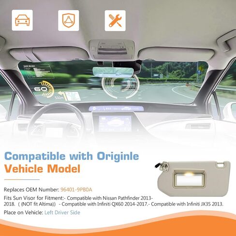Gray Left Driver Side Sun Visor with Light for 2013-2018 Nissan Pathfinder / 2014-2017 Infiniti QX60 / 2013 Infiniti JX35, Replacement 96401-9PB0A Visor Assembly in Saudi Arabia