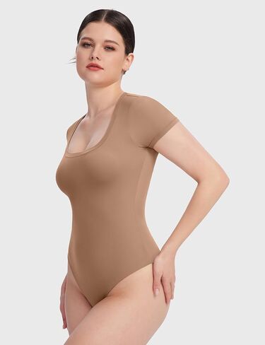 PUMIEY Women's Scoop Neck Short Sleeve Bodysuit Slimming Fit Body suit Top Smoke Cloud Pro Collection in Saudi Arabia