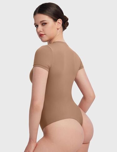 PUMIEY Women's Scoop Neck Short Sleeve Bodysuit Slimming Fit Body suit Top Smoke Cloud Pro Collection in Saudi Arabia