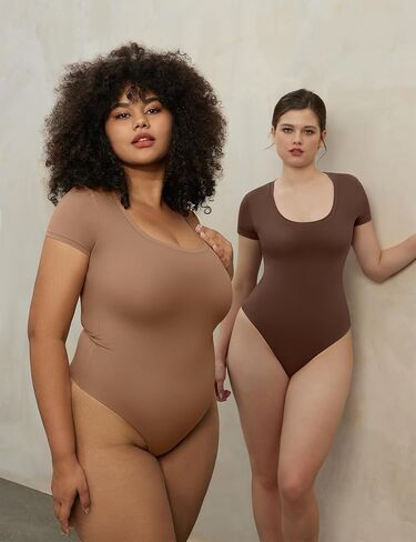 PUMIEY Women's Scoop Neck Short Sleeve Bodysuit Slimming Fit Body suit Top Smoke Cloud Pro Collection in Saudi Arabia