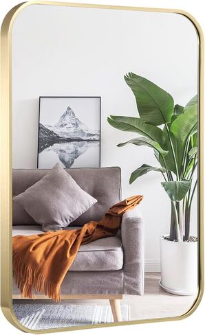 16x20 Inch Bathroom Mirror for Wall,Gold Framed Rectangle Mirror with Rounded Corner,Aluminum Alloy Framed Brushed Wall Mirror for Bedroom or Living Room,Vertical or Horizontal in Kuwait