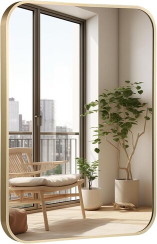 16x20 Inch Bathroom Mirror for Wall,Gold Framed Rectangle Mirror with Rounded Corner,Aluminum Alloy Framed Brushed Wall Mirror for Bedroom or Living Room,Vertical or Horizontal in Kuwait