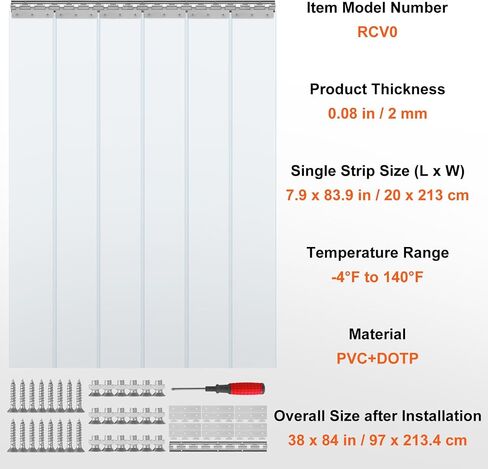 VEVOR Strip Curtain, 84" Height x 38" Width, 0.08" Thickness, 6PCS Clear PVC Strip Door Curtain, Freezer Curtain, Plastic Door Strips for Walk in Freezers, Coolers & Warehouse Doors, with 50% Overlap in Saudi Arabia