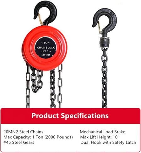 Manual Chain Hoist | 1 Ton/2000 lbs Capacity | 10’ Lift | 2 Hooks | Manual Hand Lift Steel Chain Block Hoist (1T) in Kuwait