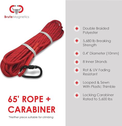 Brute Magnetics Magnet Fishing Rope Bundle- 65ft Heavy Duty Rope with Carabiner, Thick .4" Double Braided Polyester Rope, Very Strong 5680 lbs, Multi Purpose Rope for Magnet Fishing- Red in Kuwait