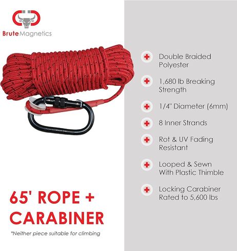 Brute Magnetics Magnet Fishing Rope | 65ft Heavy Duty Rope with Double Carabiner| Thick 1/4" Rope, Very Strong 1680 lbs | Multi Purpose Rope for Outdoor |Orange in Kuwait