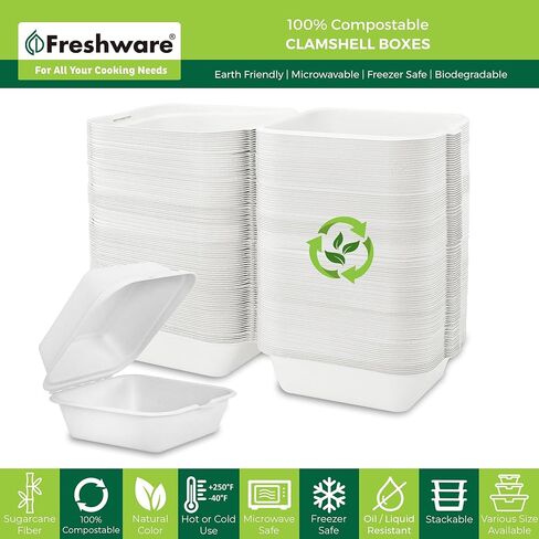 حاويات طعام صدفية قابلة للتحلل من فريش وير [8 × 8 بوصة 50 عبوة] يمكن التخلص منها في حاويات، صناديق قصب السكر القابلة للتحلل الحيوي - حاويات ورقية شديدة التحمل - آمنة للاستخدام في الميكروويف والفريزر، قابلة للتكديس in Kuwait