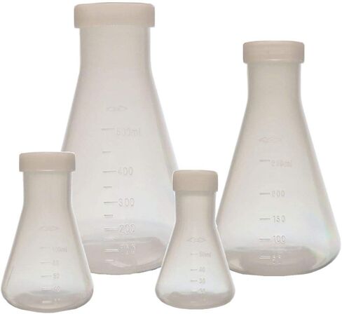 Plastic Erlenmeyer Flask Set with Screw Caps - 4 Sizes - 50, 100, 250, and 500ml, Polypropylene, Molded Graduations, Karter Scientific 252N9 in Saudi Arabia