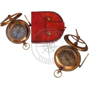 Vasudha Sampada Handicrafts الاتجاهية المغناطيسية الساعة Sundial Pocket Marine Compass هدايا المعمودية الأساسية مع علبة جلدية لأحبائهم مع علبة جلدية وسلسلة - دفع بوصلة مفتوحة in Kuwait