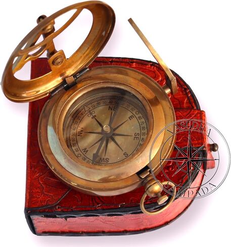 Vasudha Sampada Handicrafts Directional Magnetic Sundial Clock Pocket Marine Compass Essential Baptism Gifts With Leather Case For Loved Onescompass With Leather Case And Chain - Push Open Compass in Saudi Arabia