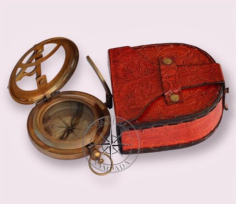 Vasudha Sampada Handicrafts Directional Magnetic Sundial Clock Pocket Marine Compass Essential Baptism Gifts With Leather Case For Loved Onescompass With Leather Case And Chain - Push Open Compass in Saudi Arabia