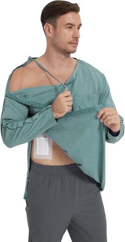 Cotton Men's Post Shoulder Surgery Shirts Clothes After Rotator Cuff Surgery Chemo Port Access Long Sleeve T Shirt with Snaps in Saudi Arabia