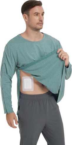 Cotton Men's Post Shoulder Surgery Shirts Clothes After Rotator Cuff Surgery Chemo Port Access Long Sleeve T Shirt with Snaps in Saudi Arabia