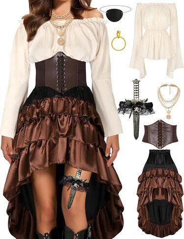 زي Cicoci Pirate Women Women Thorts Renaissance Corset Steampunk Skirt Top Pirate Associory Comple Halloween in Kuwait