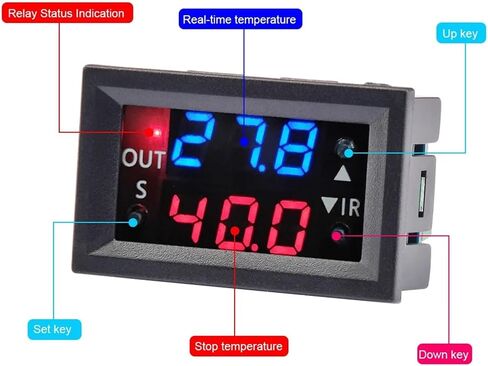 W2401-O DC 12V مرحل التحكم في درجة الحرارة LED الأزرق والأحمر عرض ترحيل درجة حرارة القابلة للتعديل NTC 3950 مسبار مقاوم للماء (أسود) in Saudi Arabia