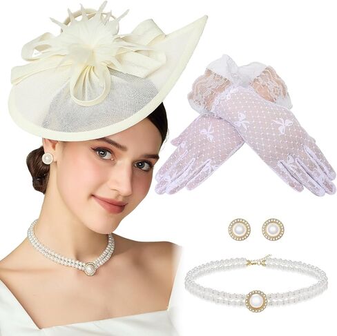 BABEYOND Fascinators Hat for Women - 4Pcs Tea Party Headwear and Gloves Kentucky Church Hat Jewelry Set for Cocktail Wedding in Saudi Arabia