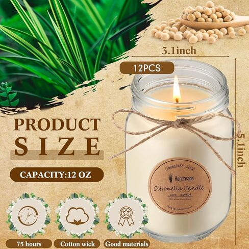 MTLEE 12 Pack Citronella Candles Outdoor 12 oz Soy Jar Scented Candle with Silver Lid Thank You Candles Gifts Bulk for Mother Father Teacher Nurse Long Lasting Candle Indoor Outdoor Decor in Saudi Arabia