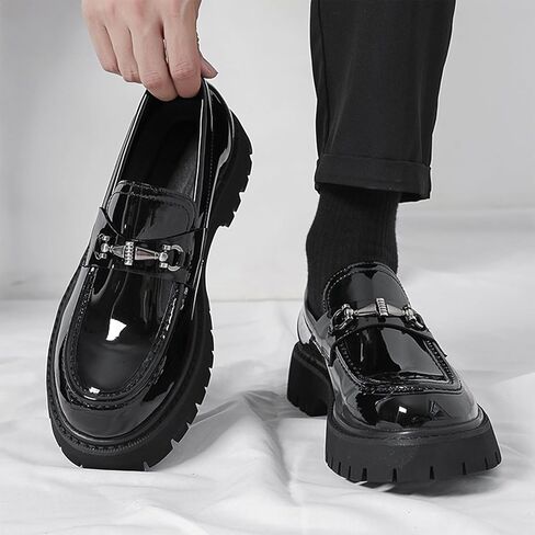 XENTORD Men's Patent Leather Platform Loafers Comfort Non-Slip Lug Sole Slip-On Dress Shoes with Metal Horsebit Detail for Business Office & Casual in Kuwait