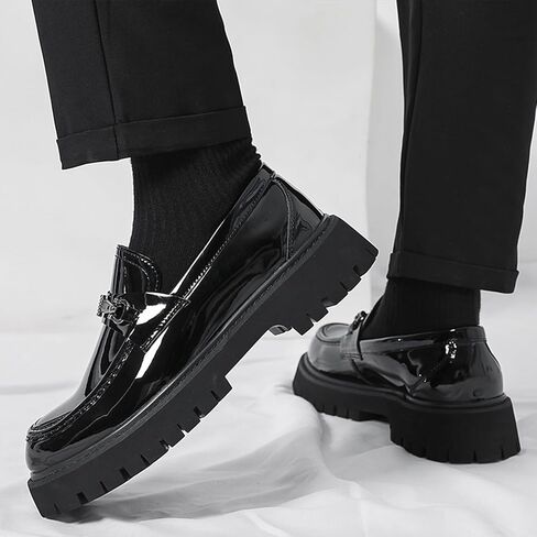 XENTORD Men's Patent Leather Platform Loafers Comfort Non-Slip Lug Sole Slip-On Dress Shoes with Metal Horsebit Detail for Business Office & Casual in Kuwait