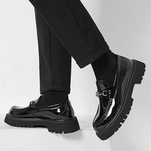 XENTORD Men's Patent Leather Platform Loafers Comfort Non-Slip Lug Sole Slip-On Dress Shoes with Metal Horsebit Detail for Business Office & Casual in Kuwait