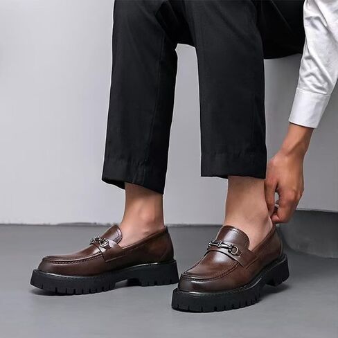 XENTORD Men's Patent Leather Platform Loafers Comfort Non-Slip Lug Sole Slip-On Dress Shoes with Metal Horsebit Detail for Business Office & Casual in Kuwait
