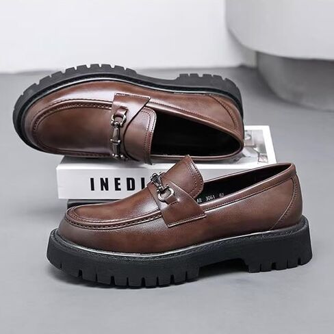 XENTORD Men's Patent Leather Platform Loafers Comfort Non-Slip Lug Sole Slip-On Dress Shoes with Metal Horsebit Detail for Business Office & Casual in Kuwait