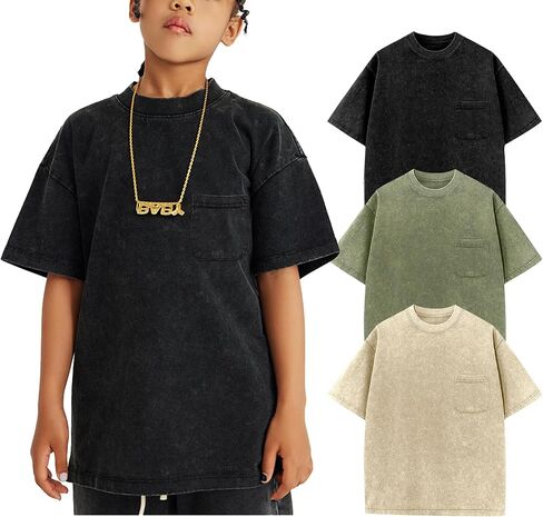 Yimoon Boys Girls Cotton Thirts Kids Exclude Scenteries Acid Wash Tee Tee Fit Fit Fit Short Summer Summer Basic Tops 5-12y in Saudi Arabia