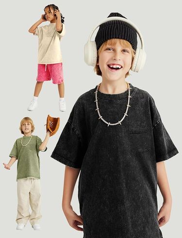 Yimoon Boys Girls Cotton Thirts Kids Exclude Scenteries Acid Wash Tee Tee Fit Fit Fit Short Summer Summer Basic Tops 5-12y in Saudi Arabia