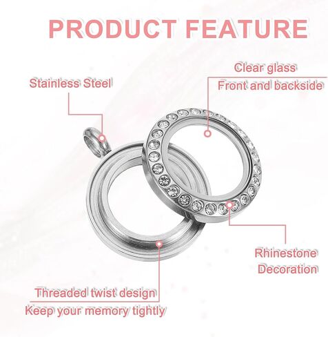 uxcell Living Floating Memory Locket ، leget glass route round steel steel feather مع زخرفة حجر الراين للحرف اليدوية DIY وهدايا يومية خاصة in Kuwait