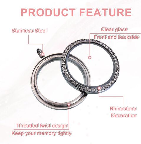 uxcell Living Floating Memory Locket ، leget glass route round steel steel feather مع زخرفة حجر الراين للحرف اليدوية DIY وهدايا يومية خاصة in Kuwait