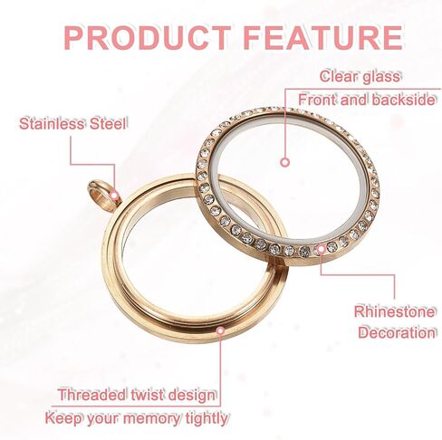 uxcell Living Floating Memory Locket ، leget glass route round steel steel feather مع زخرفة حجر الراين للحرف اليدوية DIY وهدايا يومية خاصة in Kuwait