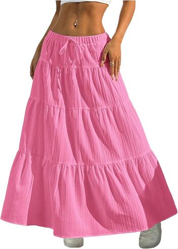 Verdusa Women's Flowy Flared Ruffle Boho Long Skirt Summer Maxi Skirt Going Out Outfits Pink X-Small in Saudi Arabia